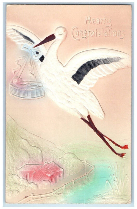 c1910's Stork Delivering Baby In Bassinet Airbrushed Embossed Antique Postcard