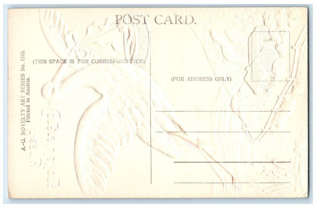 c1910's Stork Delivering Baby In Bassinet Airbrushed Embossed Antique Postcard