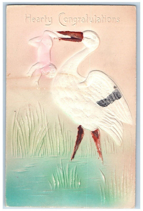 Heart Congratulations Stork Delivering Baby Airbrushed Embossed Antique Postcard
