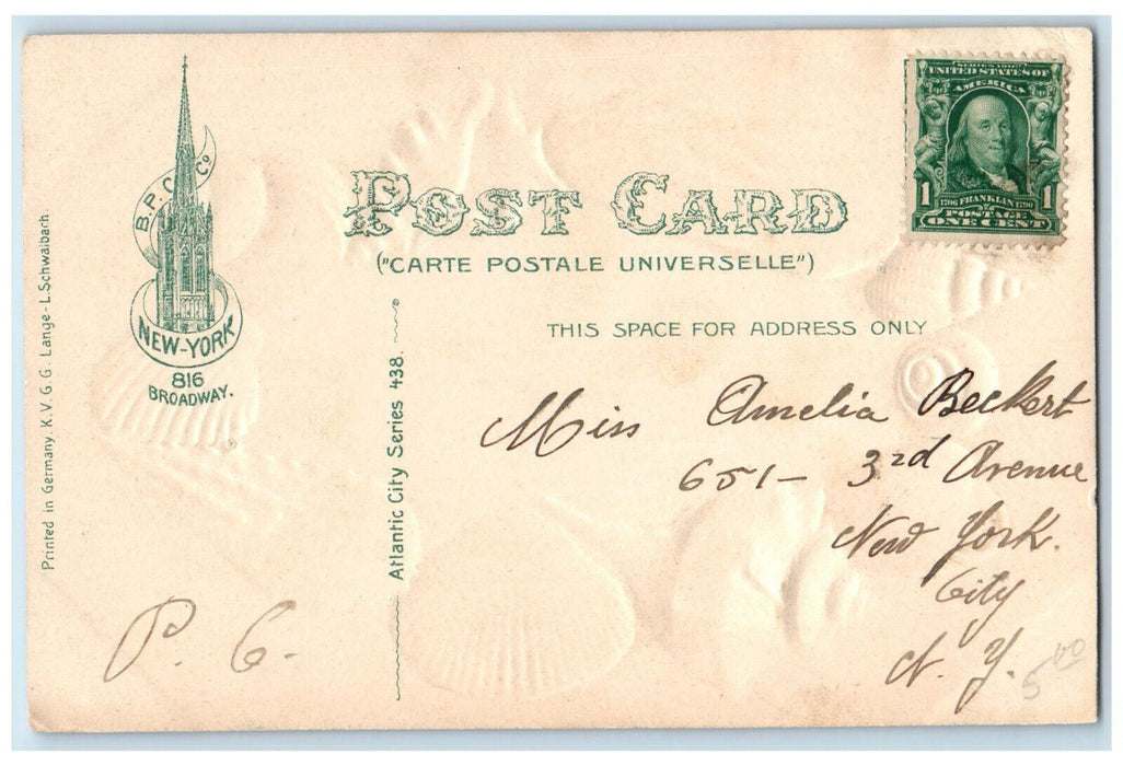 1907 Beach View Towards Steel Pier Atlantic City NJ Shells Embossed Postcard