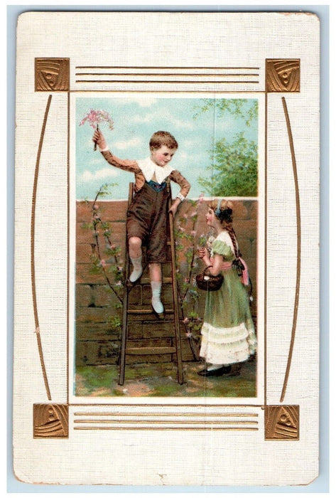 c1910's Man Climb Ladder Holding Flowers Present To Girl Embossed Postcard