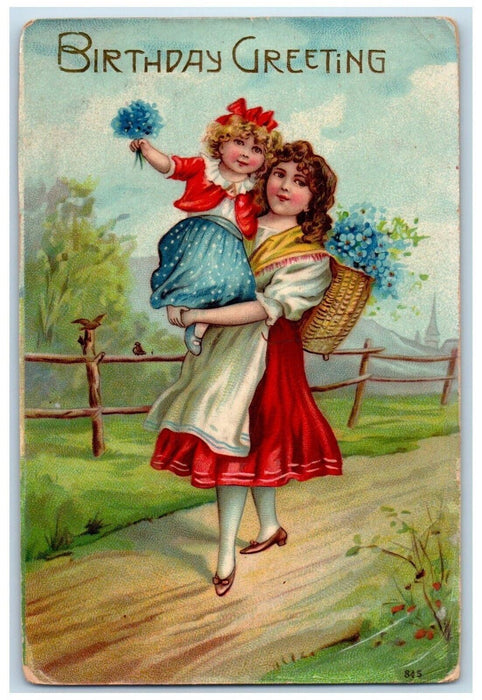 1909 Birthday Greeting Mother And Child Pansies Flowers Basket Dola OH Postcard