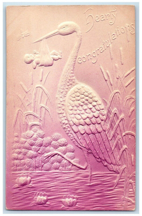 c1910's Hearty Congratulations Stork Deliver Baby Airbrushed Embossed Postcard