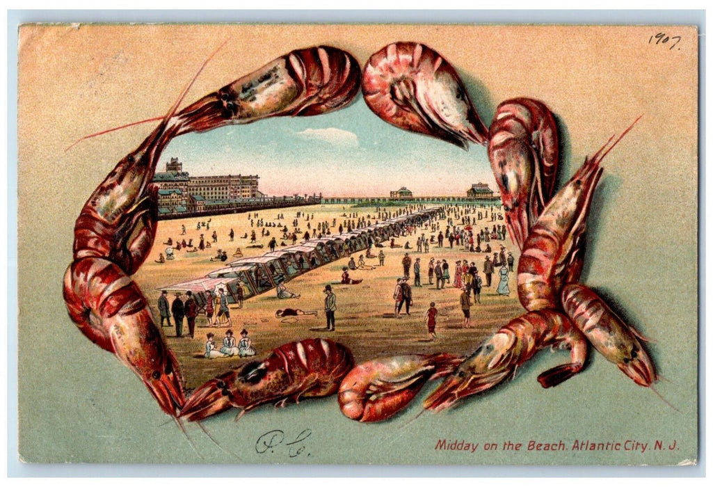 1907 Midday on the Beach Atlantic City New Jersey NJ Shrimps Embossed Postcard