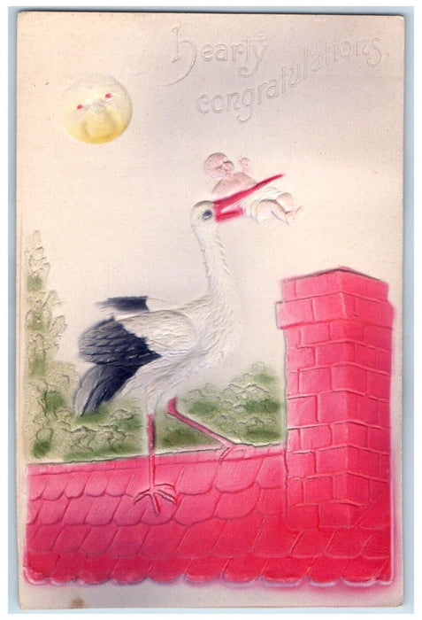 Anthropomorphic Sun Stork Deliver Baby Chimney Airbrushed Embossed Postcard