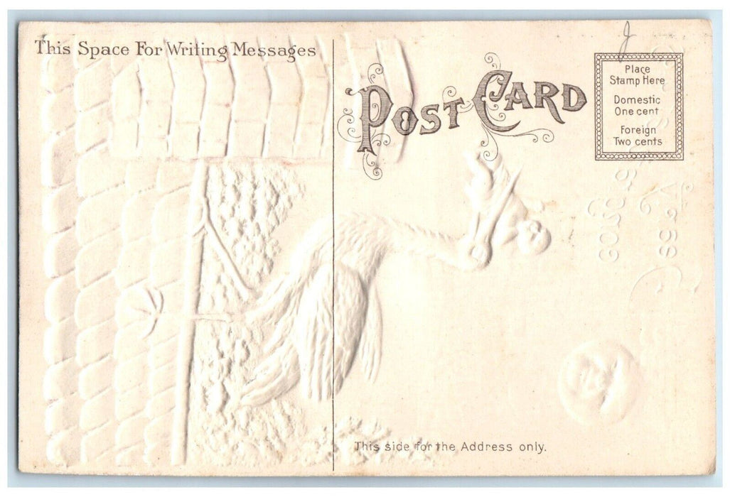 Anthropomorphic Sun Stork Deliver Baby Chimney Airbrushed Embossed Postcard