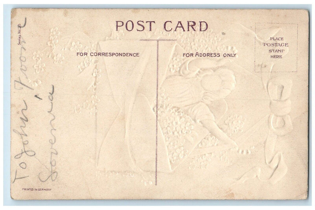 c1910's Hearty Greetings Girl In Envelope Pansies Flowers Embossed Postcard