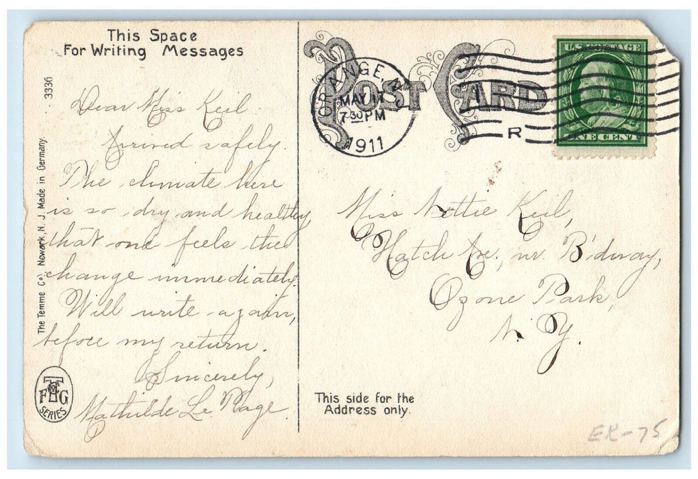 1911 Arlington Ave. & William Street Marlborough Hotel East Orange NJ Postcard