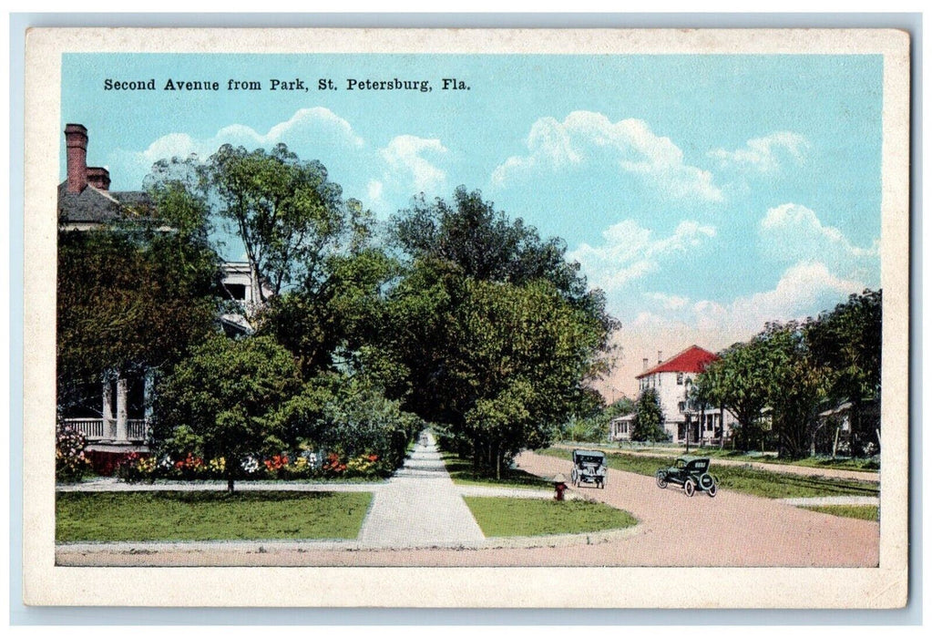 c1910 Second Avenue Park Street Road Classic Car St. Petersburg Florida Postcard