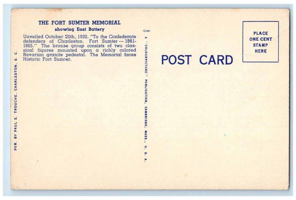 Fort Sumter Memorial Showing East Battery Charleston South Carolina SC Postcard