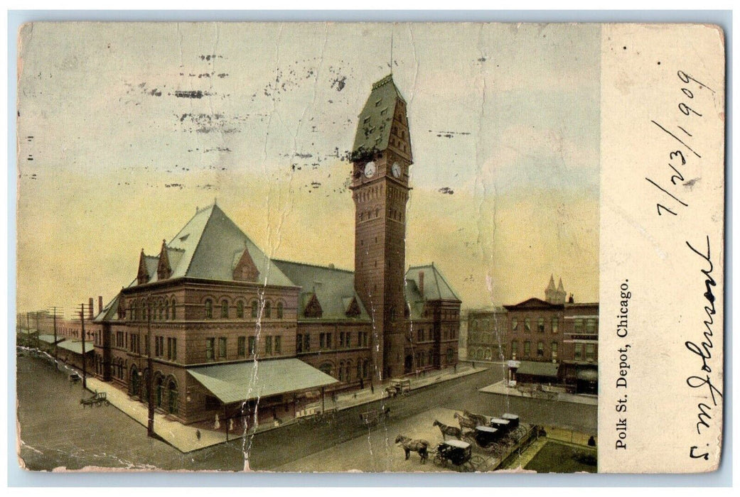 1909 Polk St. Depot Station Horse Carriage Clock Tower Chicago IL Postcard
