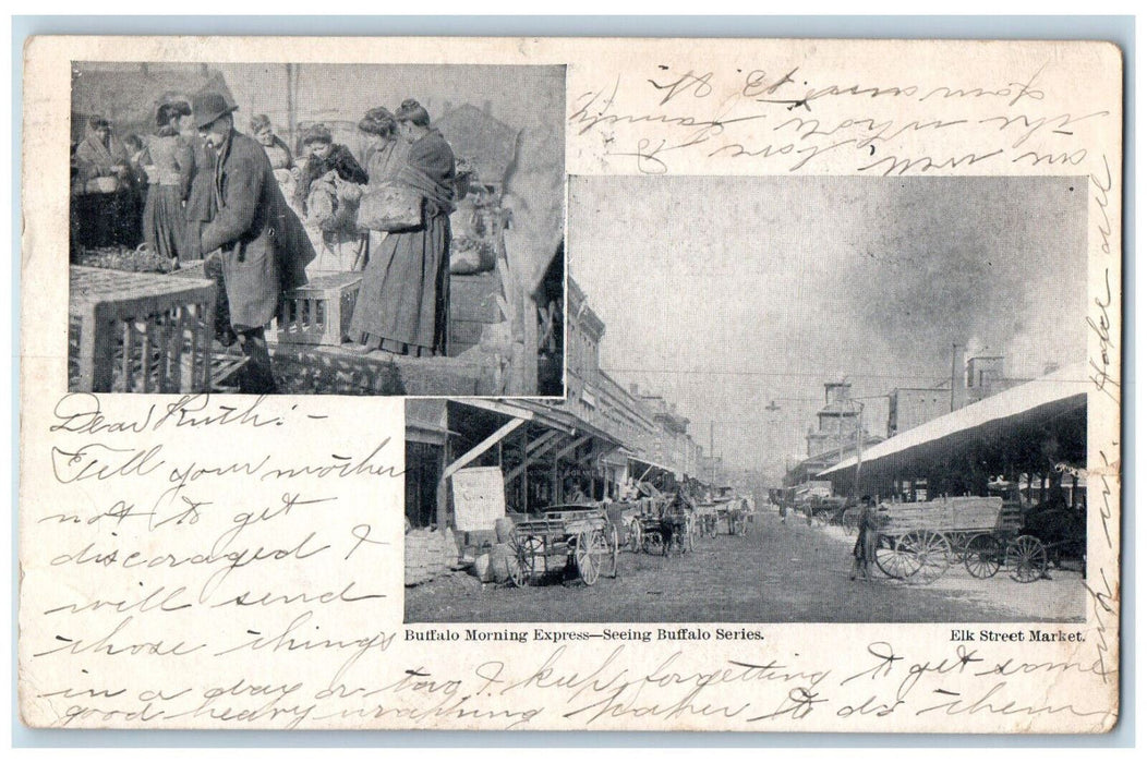 1907 Buffalo Morning Express Elk Street Market NY Dual View Antique Postcard