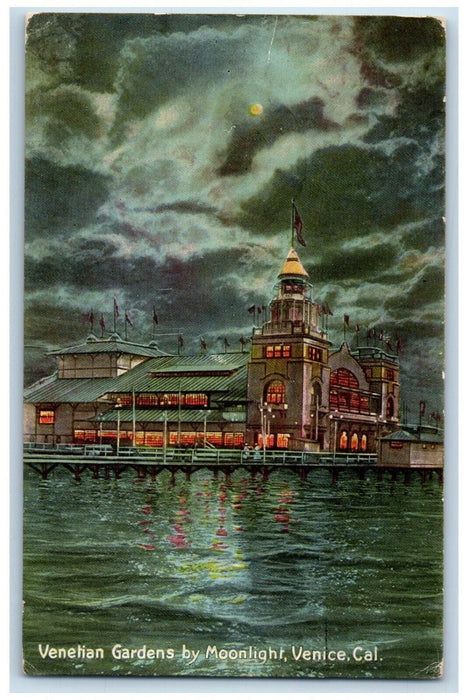 c1910 Venetian Gardens Moonlight Night Moon Exterior Venice California Postcard