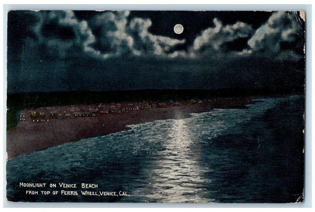 1914 Moonlight Venice Beach Ferris Wheel Night Moon Venice California Postcard