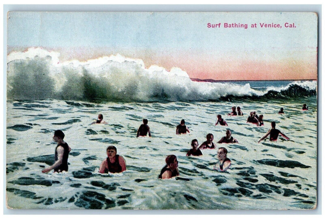c1910 Surf Bathing Sea Waves People Swimming Scene Venice California CA Postcard
