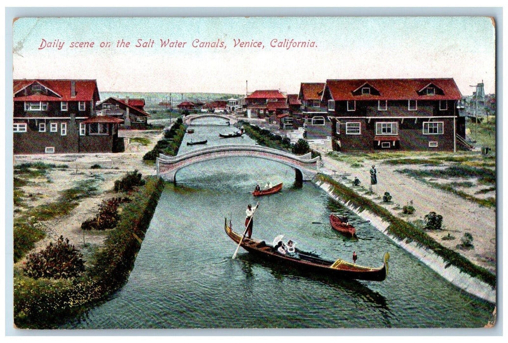 c1910 Daily Scene Salt Water Canals Canoe Exterior Venice California CA Postcard