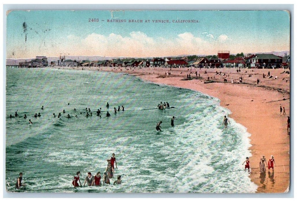 1911 Bathing Beach Sea Waves Sand Swimming Scene Venice California CA Postcard