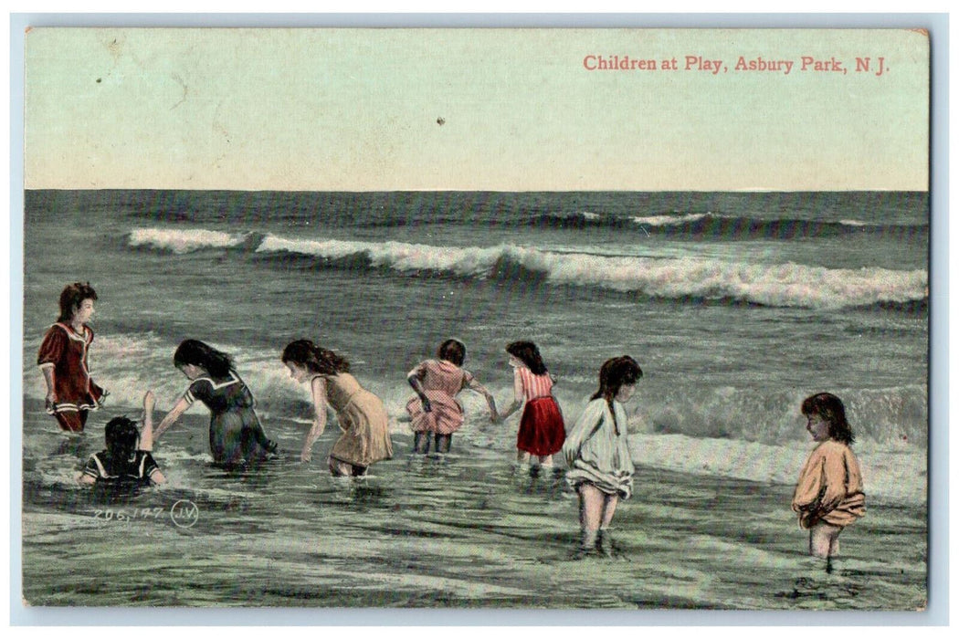 1908 Children at Play Scene Asbury Park New Jersey NJ Antique Postcard