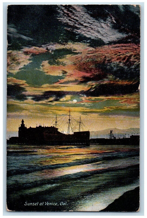 1907 Sunset Ship Exterior Building Pier Dock Venice California Vintage Postcard