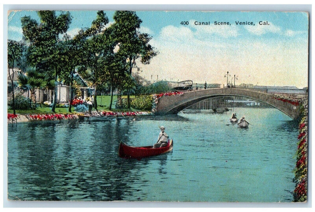 1920 Canal Scene Canoe Bridge River Lake Venice California CA Vintage Postcard