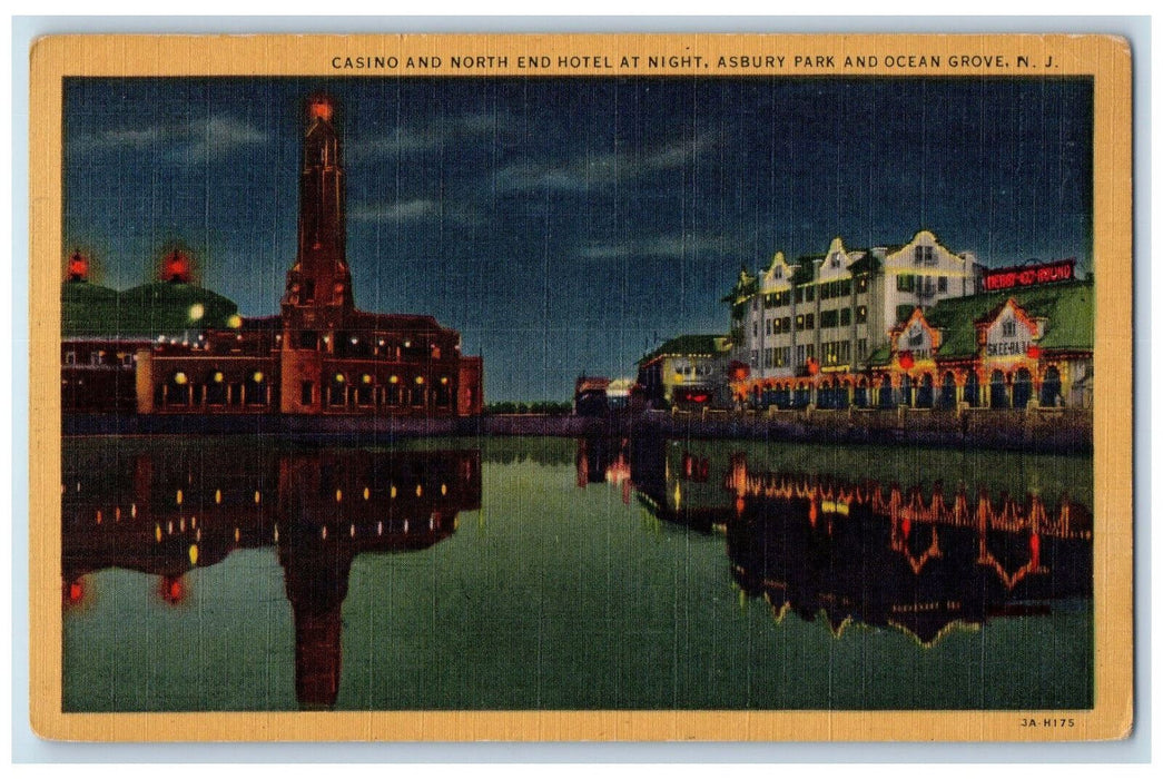 c1940's Casino and North End Hotel at Night Asbury Park New Jersey NJ Postcard
