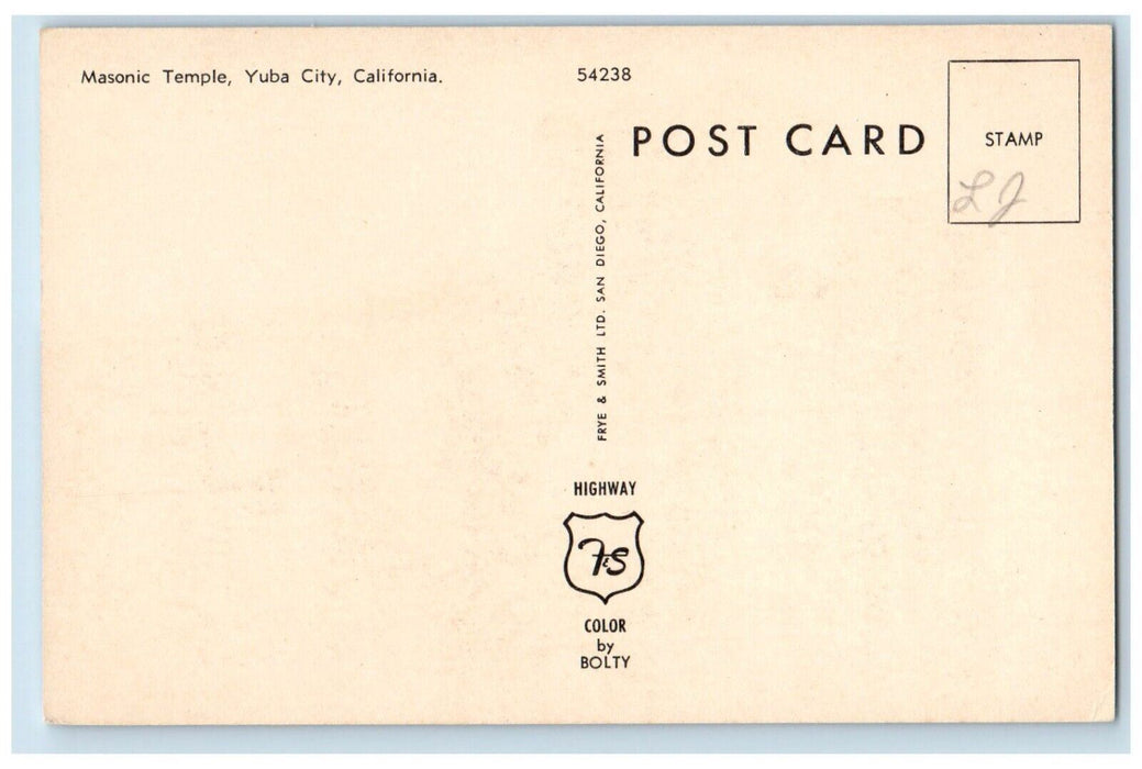 c1960 Masonic Temple Exterior Building Yuba City California CA Highway Postcard