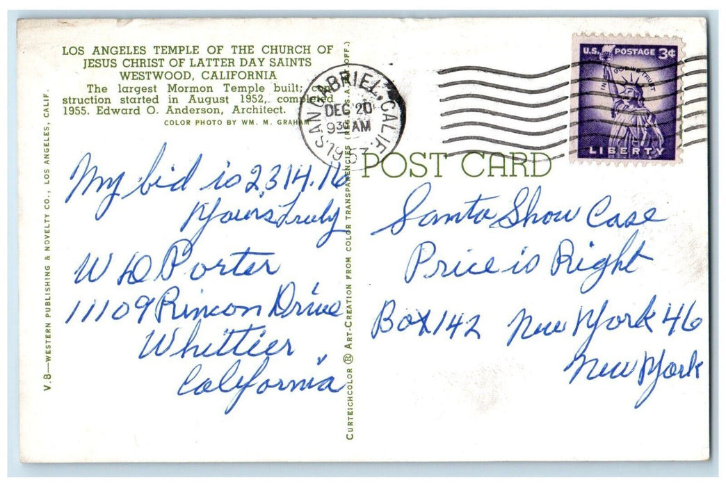 1953 Los Angeles Temple Church Jesus Christ Latter Westwood California Postcard