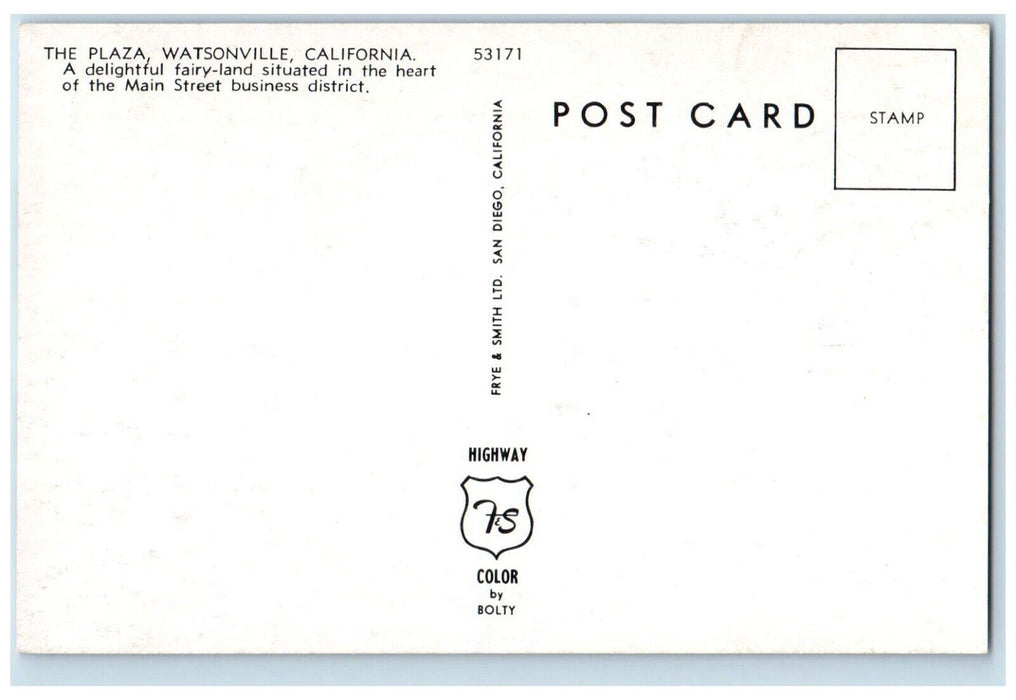 c1960 Plaza Heart Main Street Business District Watsonville California Postcard
