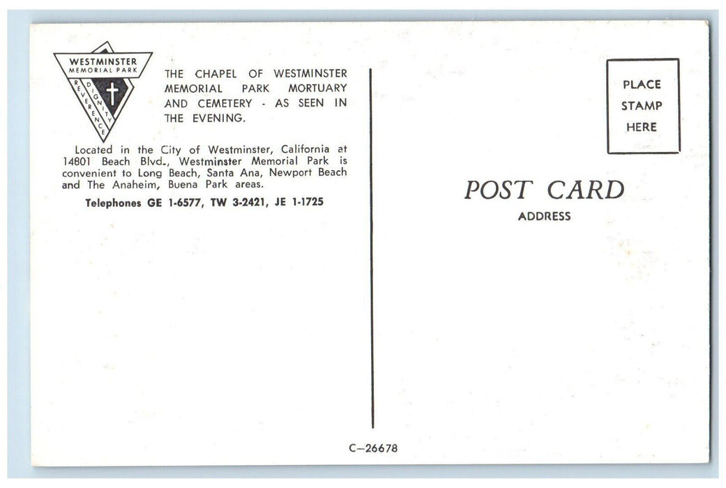 c1960 Chapel Westminster Memorial Park Mortuary Cemetery California CA Postcard