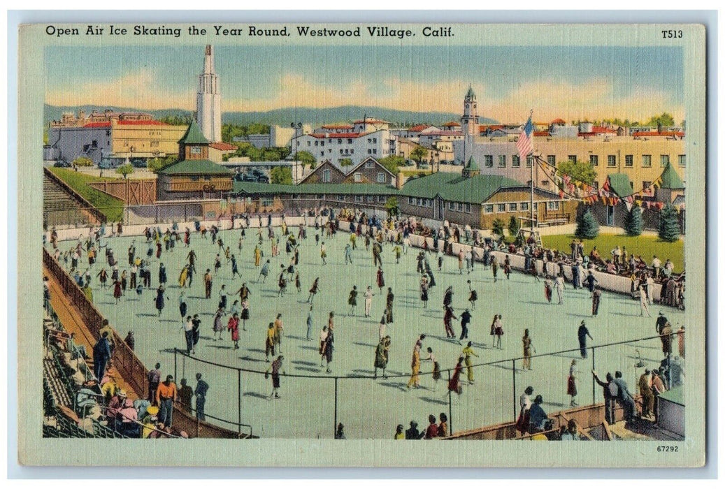 c1940 Open Air Ice Skating Year Round Sport Westwood Village California Postcard