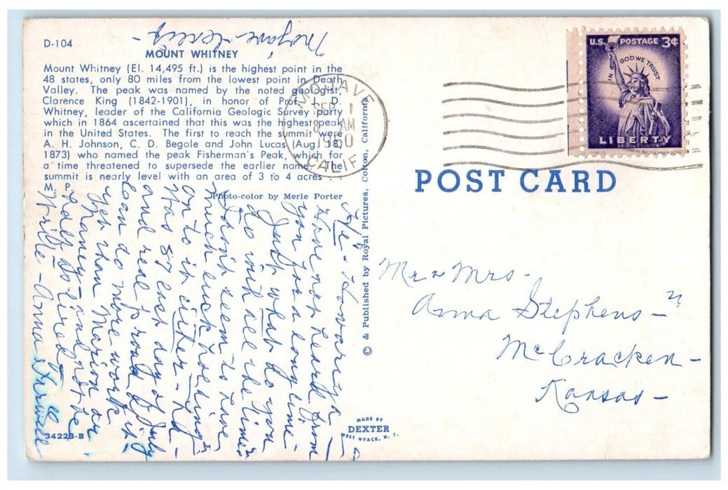 1960 Mount Whitney Death Valley Mountain California CA Vintage Antique Postcard