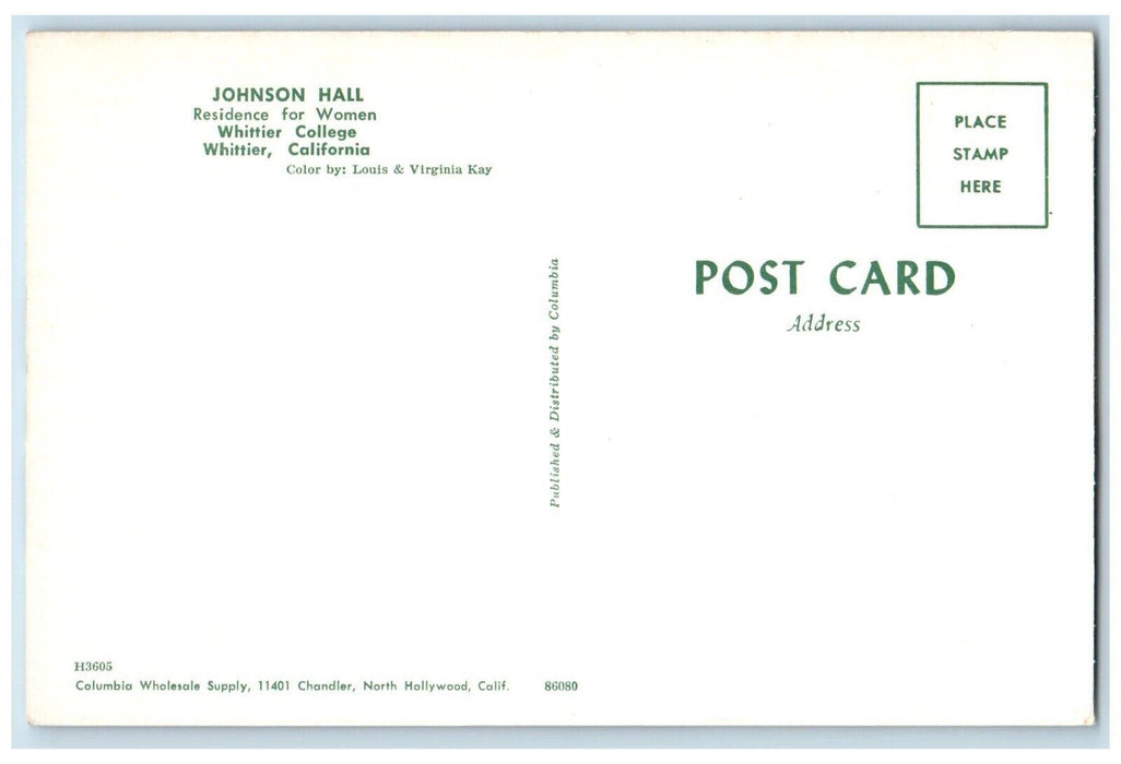 c1960 Johnson Hall Residence Women Whittier College Exterior California Postcard