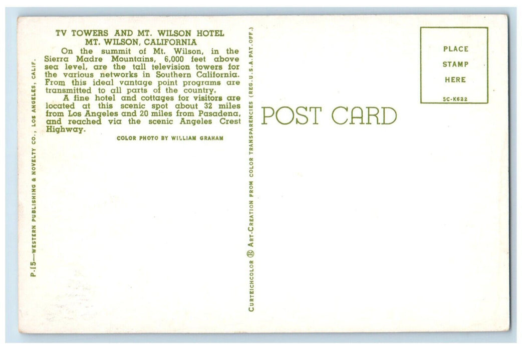 c1960 TV Towers Mt. Wilson Hotel Sierra Madre Mountains California CA Postcard