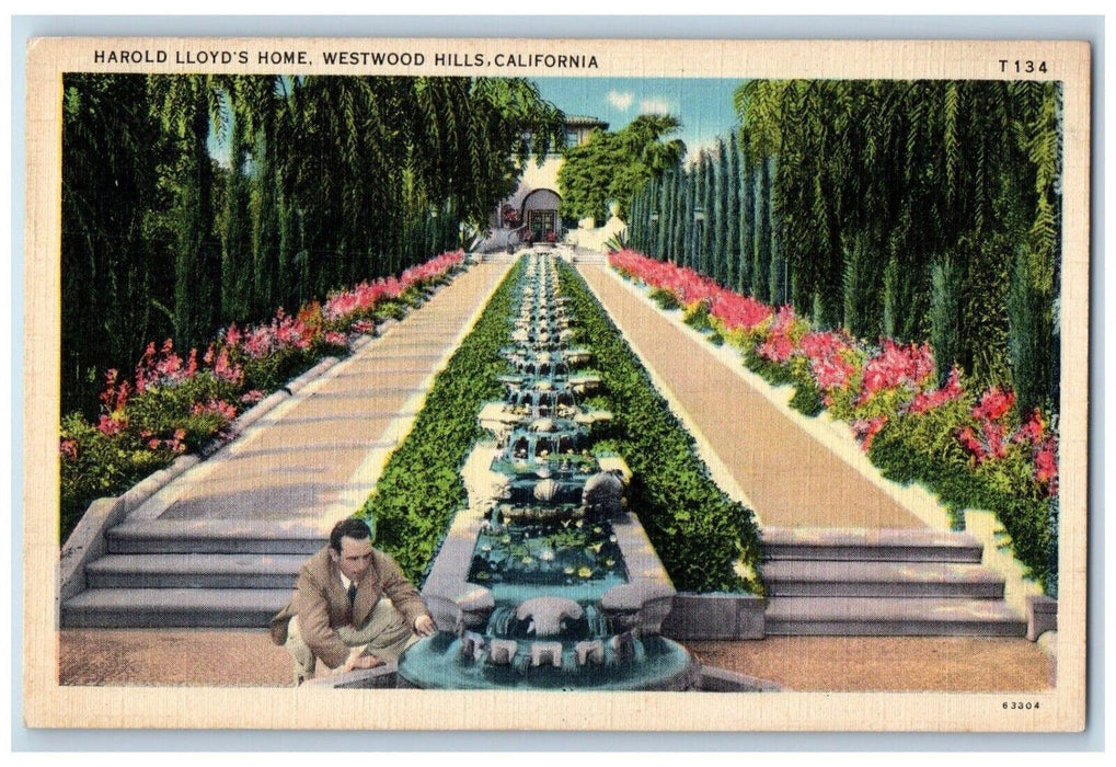 c1940 Harold Lloyd Home Westwood Hills Garden Los Angeles California CA Postcard