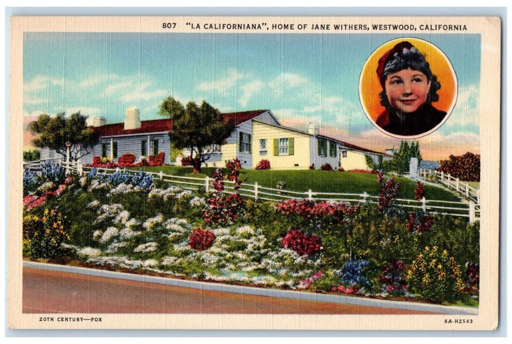 c1940 La Californiana Home Jane Withers Garden Westwood California CA Postcard