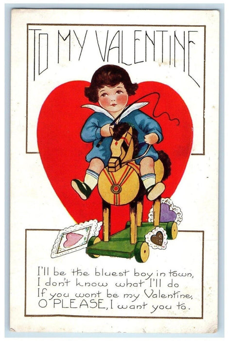 c1910's Valentine Big Heart Riding Horse Toy Embossed Posted Antique Postcard