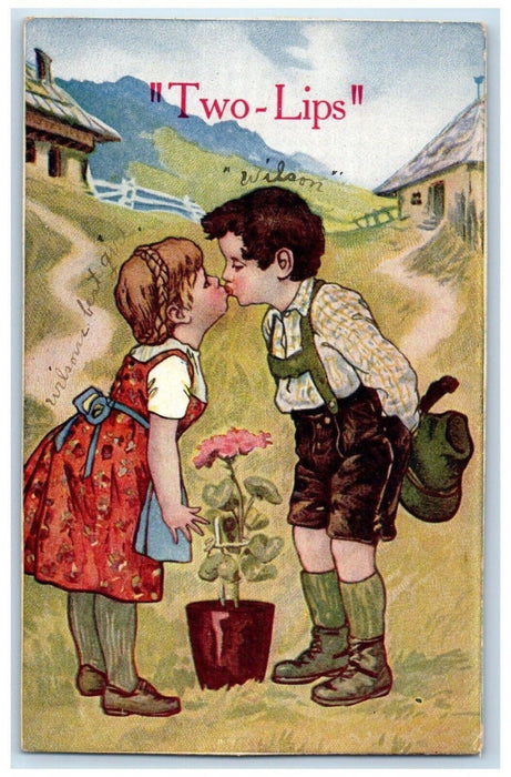 c1905 Valentine Sweet Couple Kissing Two Lips Flowers Pot Antique Postcard