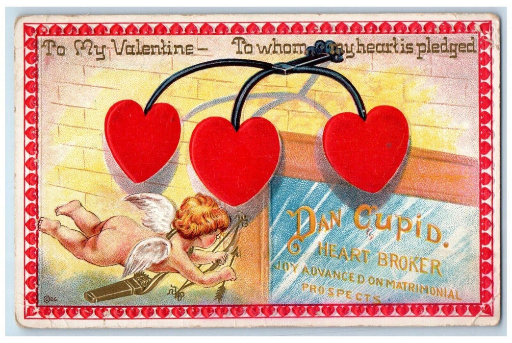 1913 Valentine Dan Cupid Angel Heart Embossed Coloma Michigan MI Posted Postcard