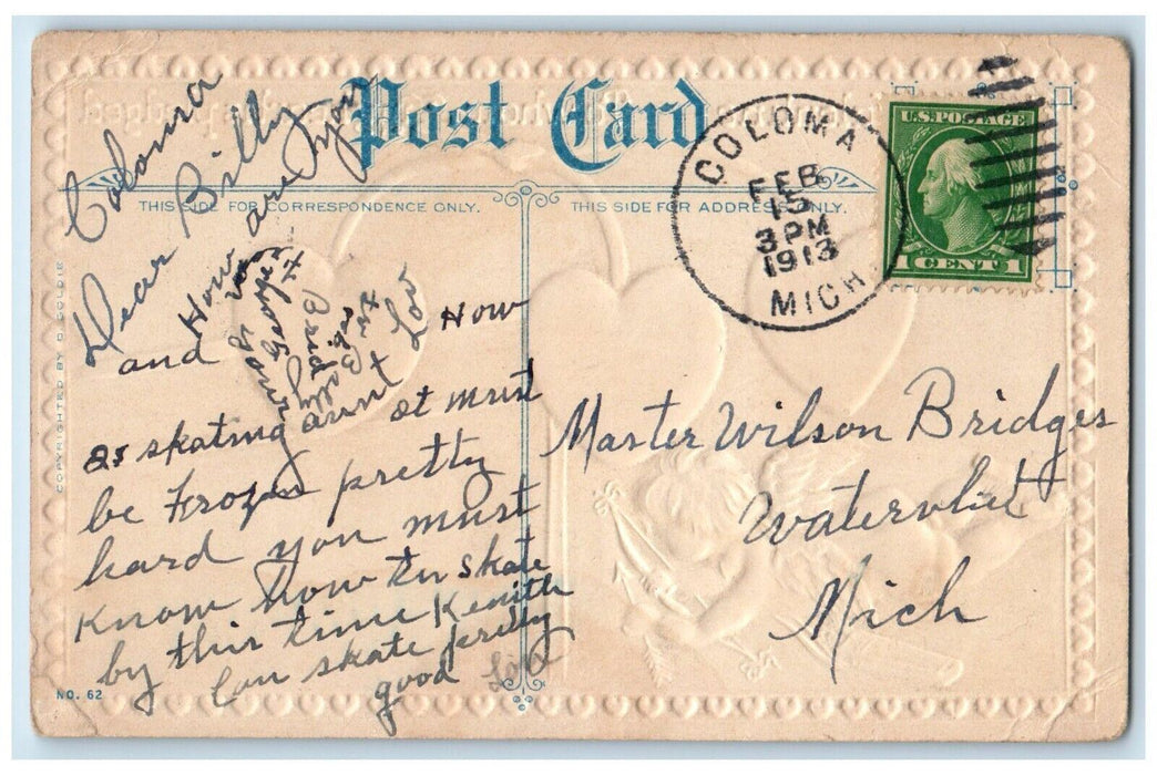 1913 Valentine Dan Cupid Angel Heart Embossed Coloma Michigan MI Posted Postcard