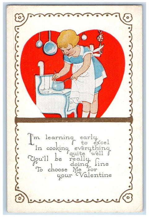 c1910's Valentine Heart Woman Cooking Kitchen Posted Antique Postcard