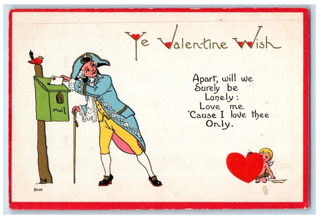 c1910's Valentine Wish Colonial Dropping Mail Heart Embossed Antique Postcard