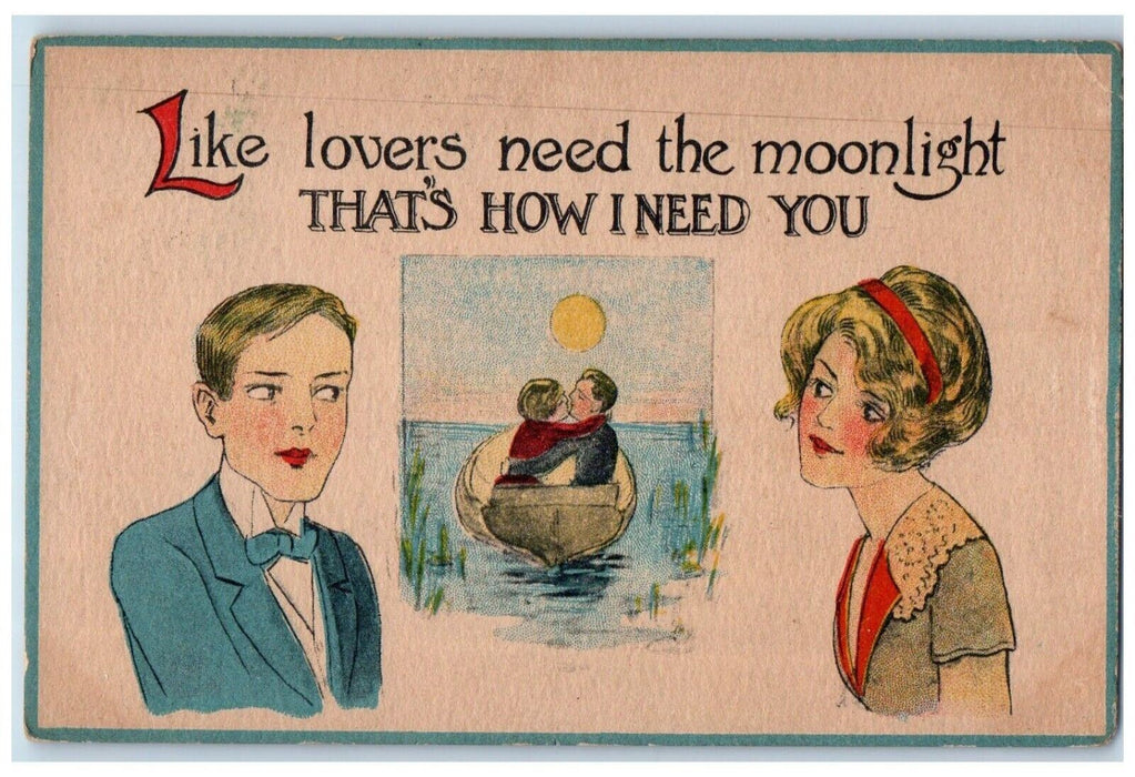 c1910's Sweet Couple Romance Kissing Boat Moonlight Danville Indiana IN Postcard