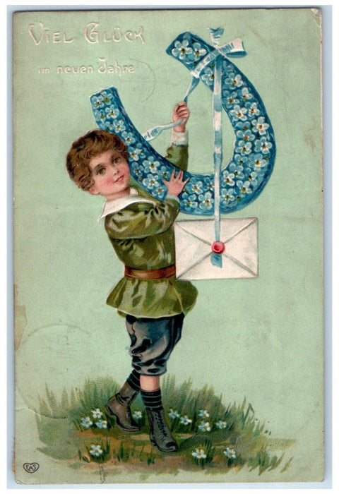 c1910's Valentine Good Luck Boy Horseshoe Pansies Flowers Letter Posted Postcard