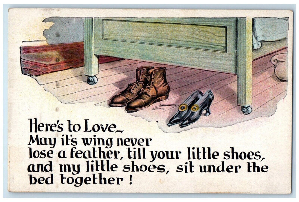 c1930's Valentine Shoes Here's To Love Under Bed Together Vintage Postcard