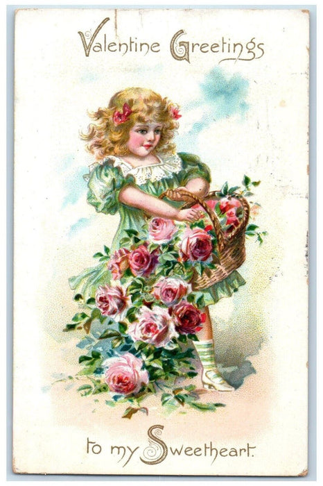 Valentine Greetings Pretty Girl Flowers Basket Philadelphia PA Tuck's Postcard