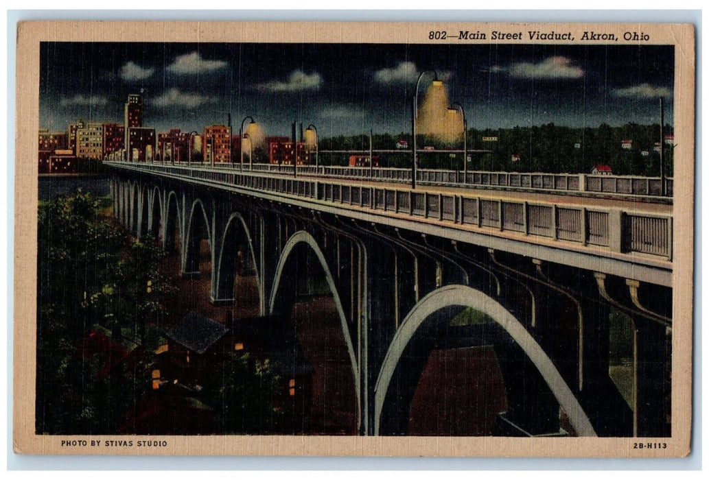1948 Bridge Main Street Viaduct at Night Akron Ohio OH Vintage Postcard