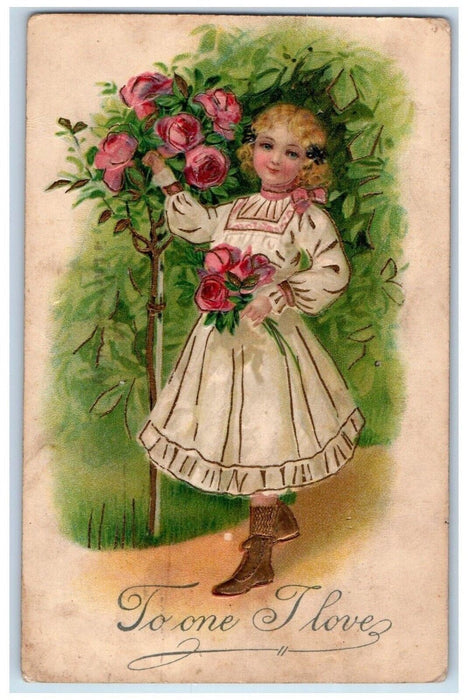 1907 Valentine Pretty Woman Picking Roses Flowers Embossed Antique Postcard