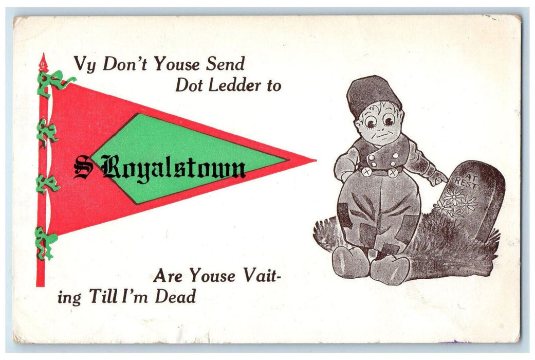 1918 Greetings From S Royalston Massachusetts MA Humor Pennant Antique Postcard