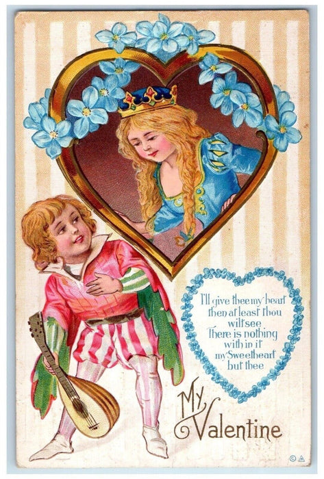 1916 Valentine Heart Boy Guitar Pansies Embossed Crawfordsville Iowa IA Postcard