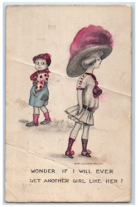 1910 Valentine Couple Fighting Girl Big Hat Kittanning Pennsylvania PA Postcard